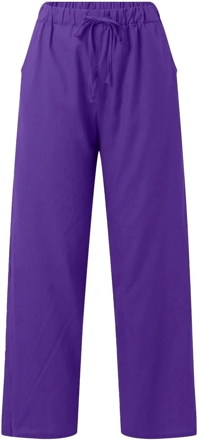 Summer Casual Trousers Pants for Women Flowy Straight Leg Cotton Linen Pants with Pockets Loose Fit Fashion Outfits