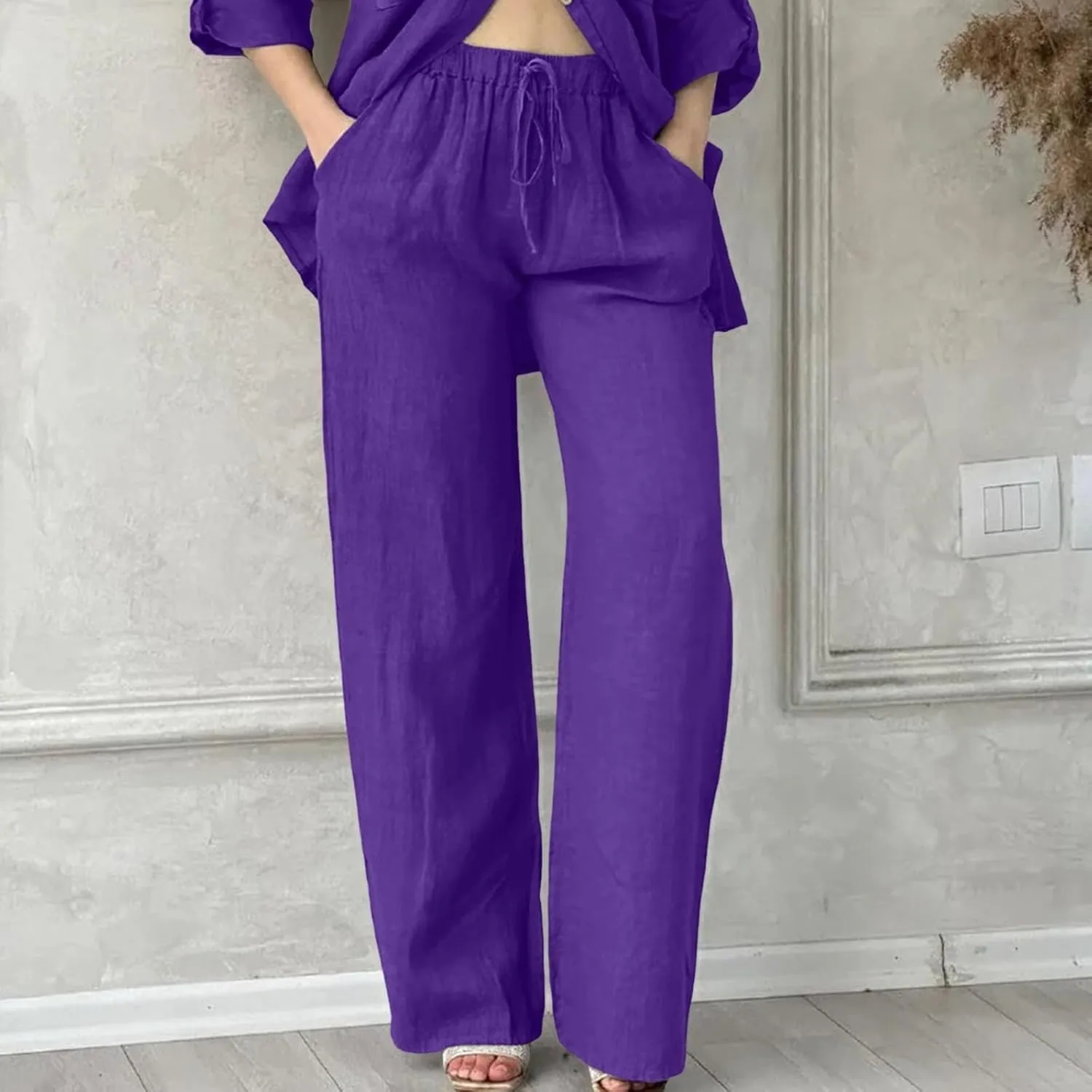 Summer Casual Trousers Pants for Women Flowy Straight Leg Cotton Linen Pants with Pockets Loose Fit Fashion Outfits