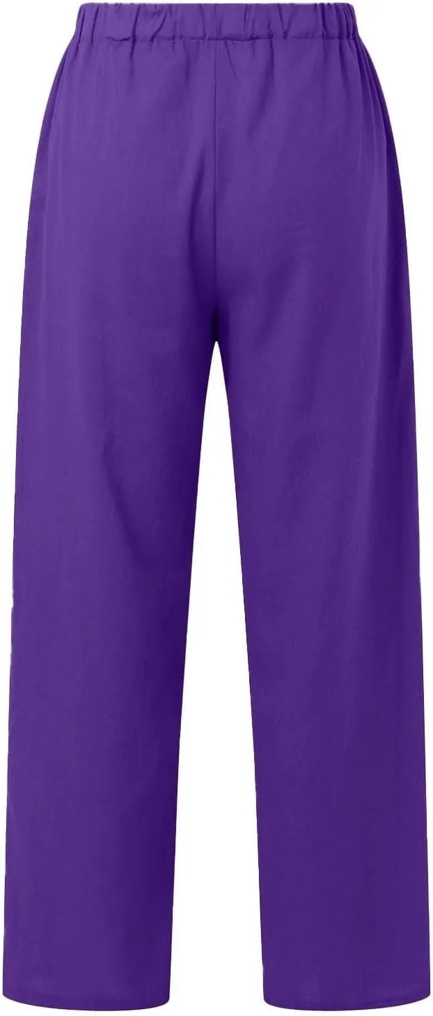 Summer Casual Trousers Pants for Women Flowy Straight Leg Cotton Linen Pants with Pockets Loose Fit Fashion Outfits