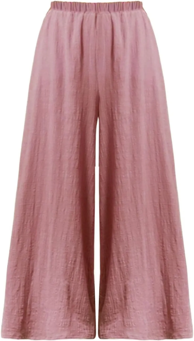 Summer Palazzo Pants for Women Fashion 2025 Cotton Linen Wide Leg Flowy Pants Solid Lightweight Casual Baggy Trousers