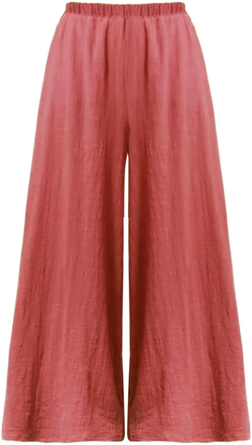 Summer Palazzo Pants for Women Fashion 2025 Cotton Linen Wide Leg Flowy Pants Solid Lightweight Casual Baggy Trousers