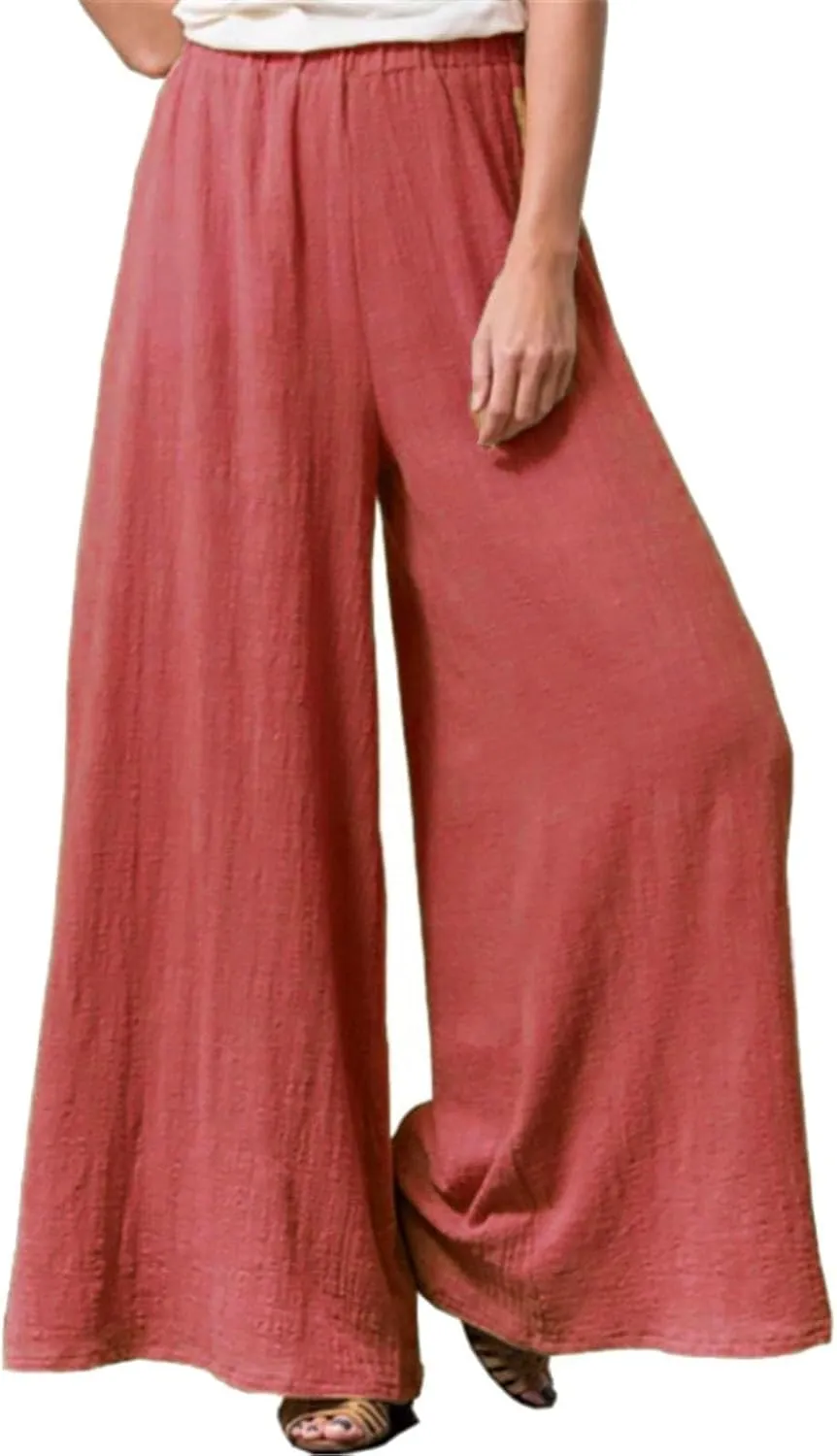 Summer Palazzo Pants for Women Fashion 2025 Cotton Linen Wide Leg Flowy Pants Solid Lightweight Casual Baggy Trousers
