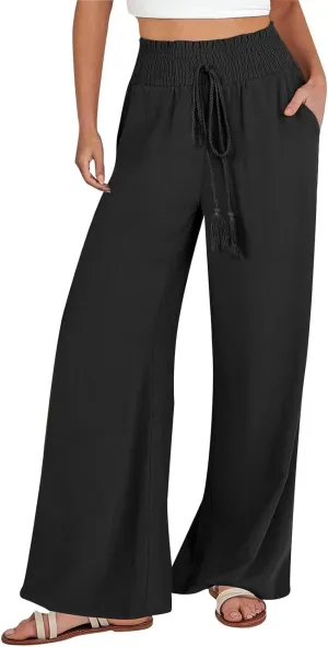 Summer Palazzo Pants for Women Trendy Flowy Wide Leg Cotton Linen Pants High Waisted Vintage Casual Trousers Pockets