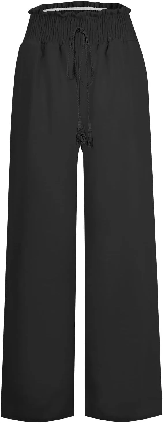 Summer Palazzo Pants for Women Trendy Flowy Wide Leg Cotton Linen Pants High Waisted Vintage Casual Trousers Pockets