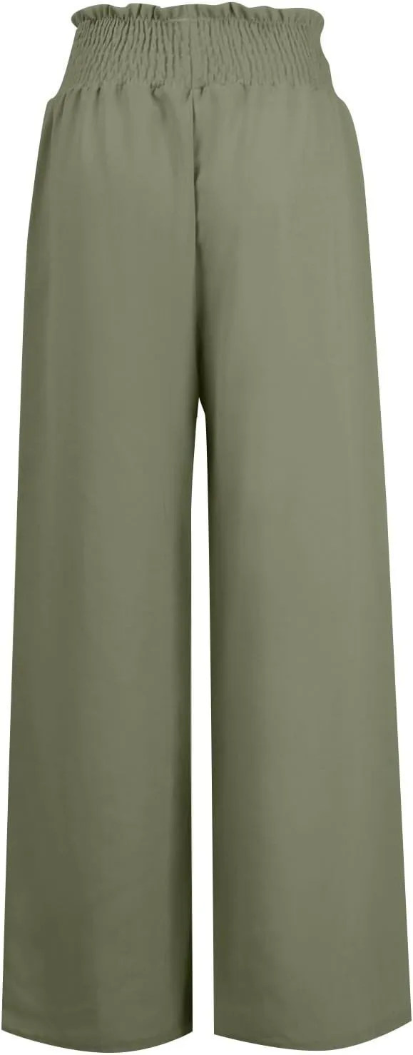 Summer Palazzo Pants for Women Trendy Flowy Wide Leg Cotton Linen Pants High Waisted Vintage Casual Trousers Pockets