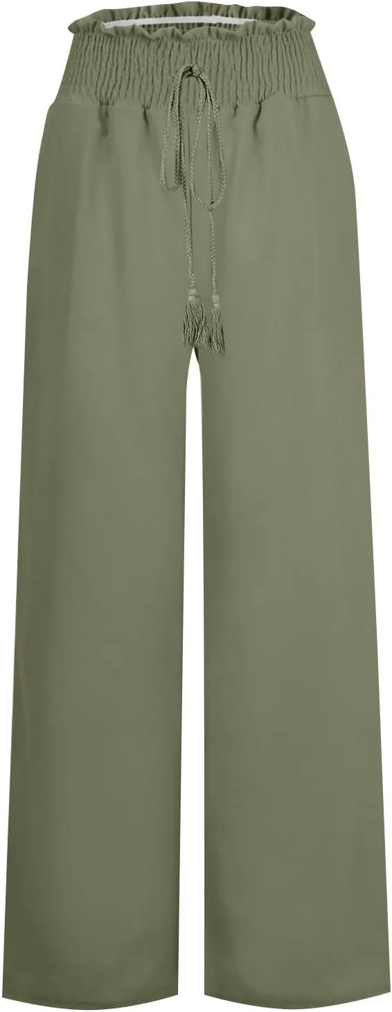 Summer Palazzo Pants for Women Trendy Flowy Wide Leg Cotton Linen Pants High Waisted Vintage Casual Trousers Pockets