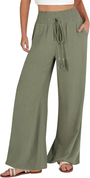 Summer Palazzo Pants for Women Trendy Flowy Wide Leg Cotton Linen Pants High Waisted Vintage Casual Trousers Pockets