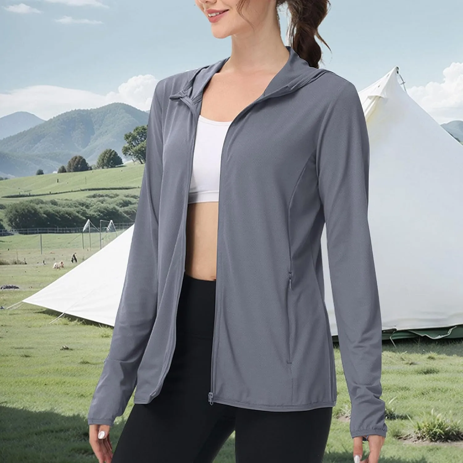 Sun Protection Shirts for Women UPF 50  SPF UV Long Sleeve Zip Up Hoodies Summer Outdoor Hiking Cooling Athletic Jackets