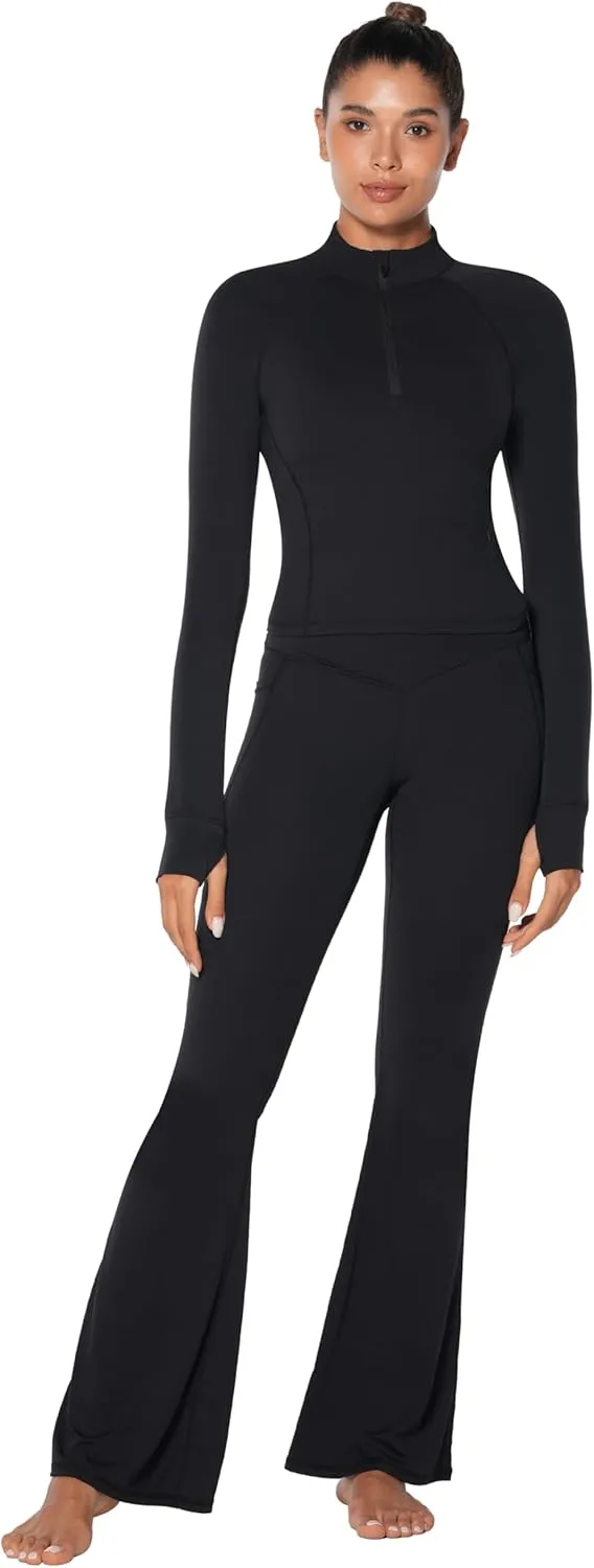 Sunzel Women's Long Sleeve Workout Crop Tops, Half Quarter Zip Compression Shirts with Thumbholes Quick Dry Athletic Running