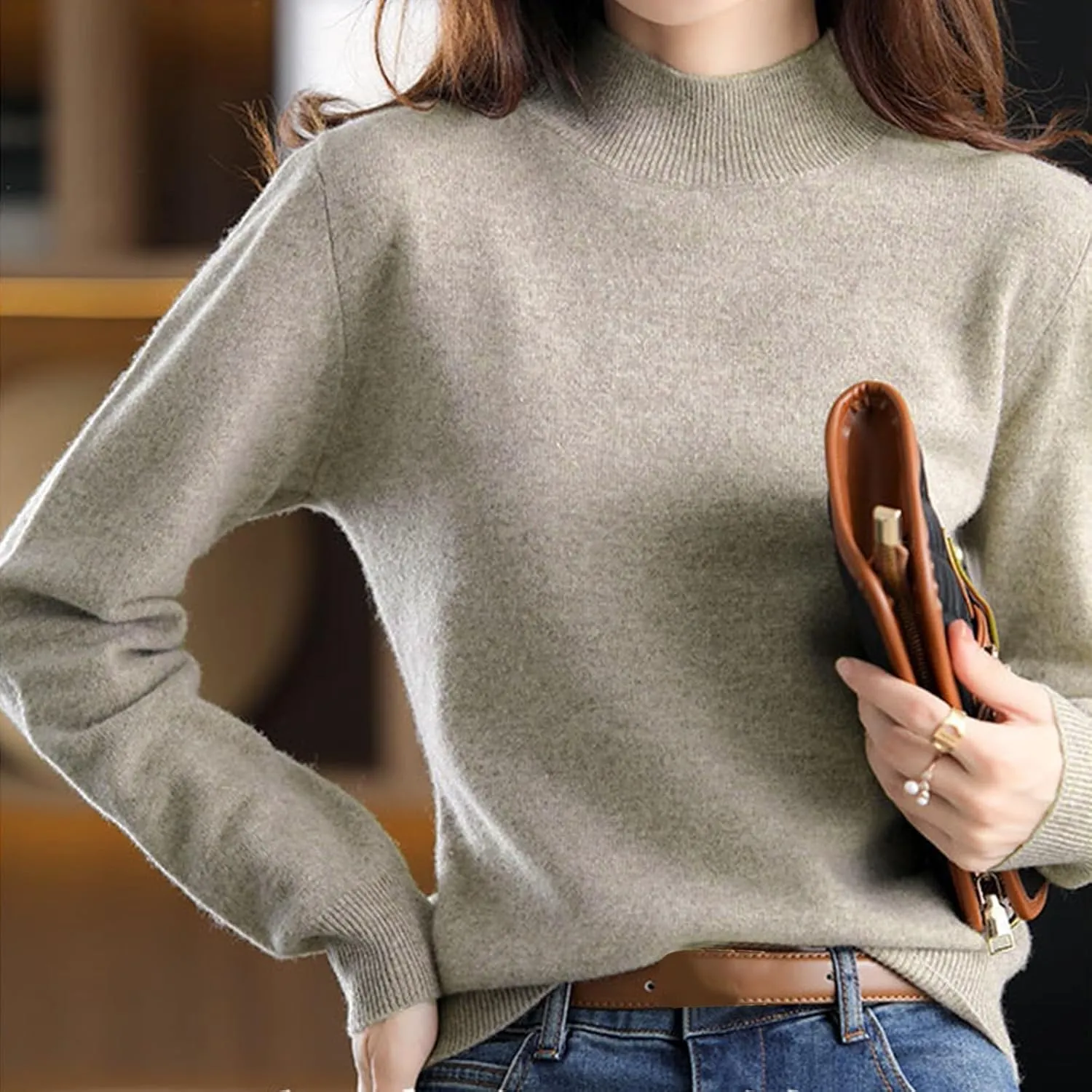 Sweaters for Women Mock Neck Comfy Soft Long Sleeve Pullover Sweater Classic Fall Thin Solid Sweater Tops