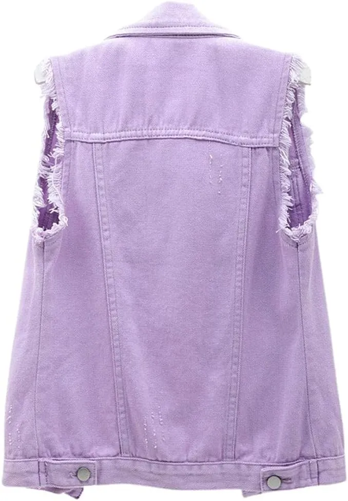 sysinside Women's Candy Color Slim Fit Distressed Denim Vest Frayed Raws Sleeveless Jacket