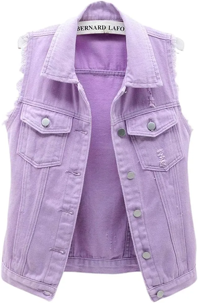 sysinside Women's Candy Color Slim Fit Distressed Denim Vest Frayed Raws Sleeveless Jacket