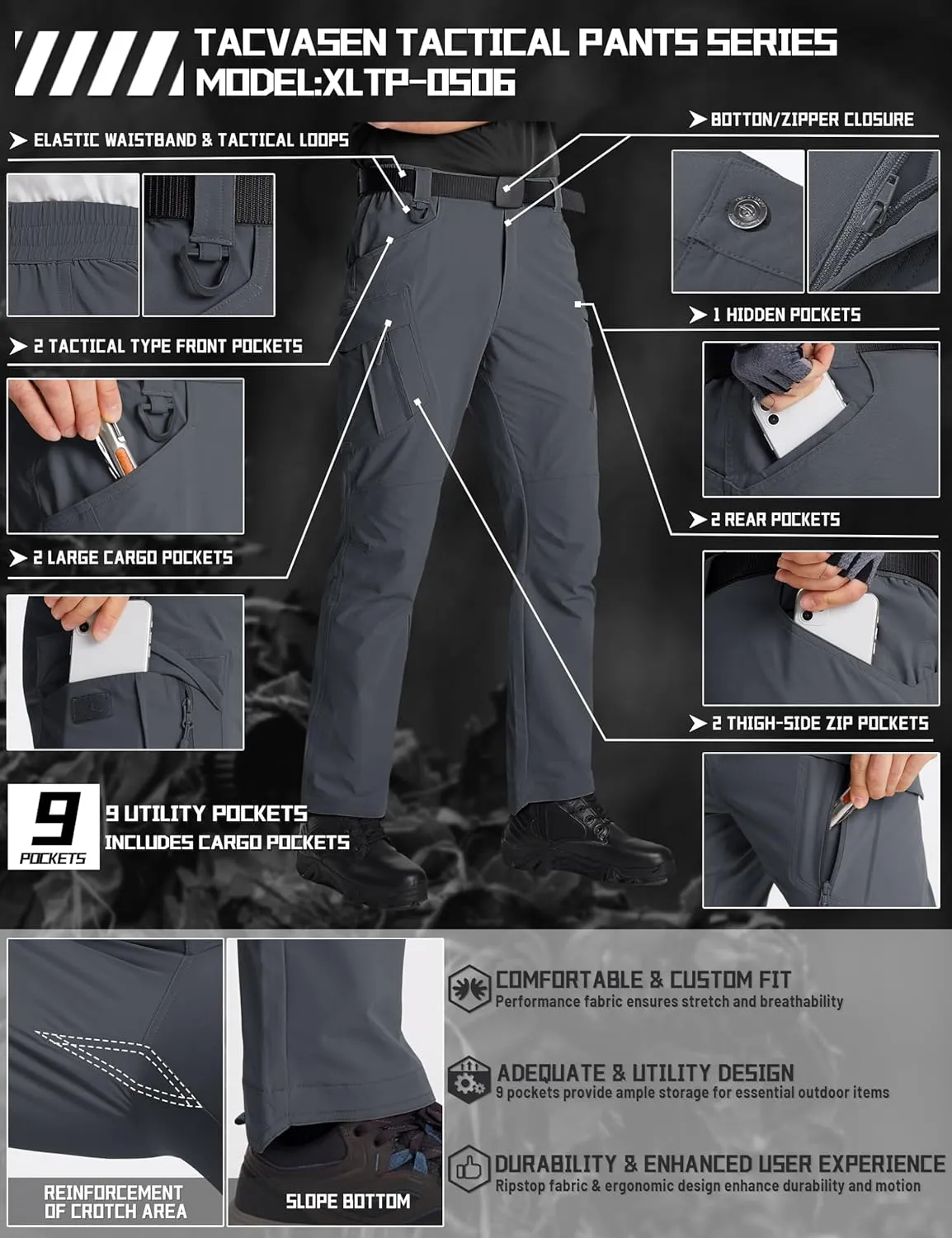 TACVASEN Men's Cargo Work Pants Construction Tactical Water Resistant Lightweight Outdoor Hiking Pants with 9 Pockets