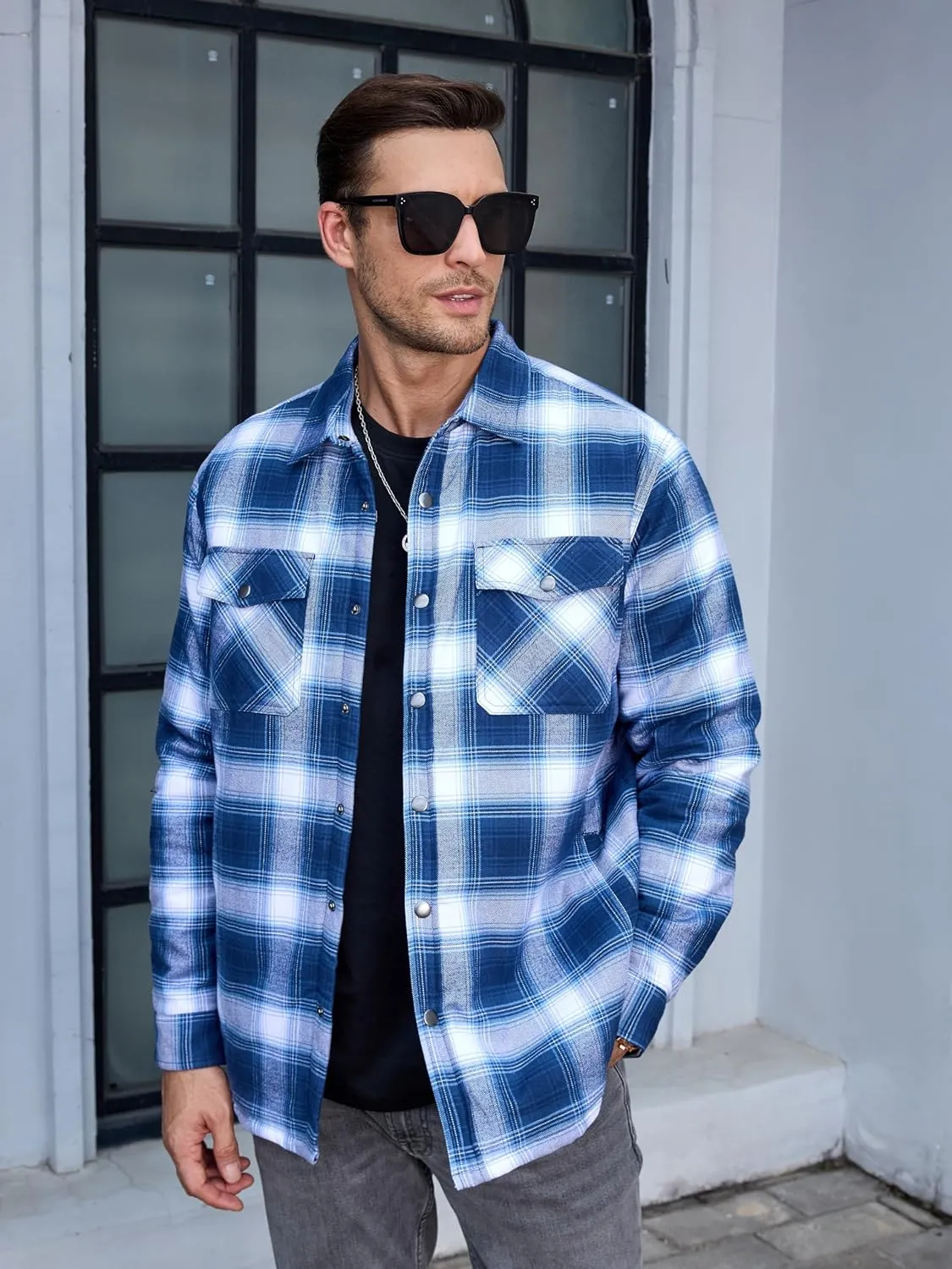 TACVASEN Men's Flannel Shirt Jacket Quilted Lined Long Sleeve Button Down Shirts Jacket