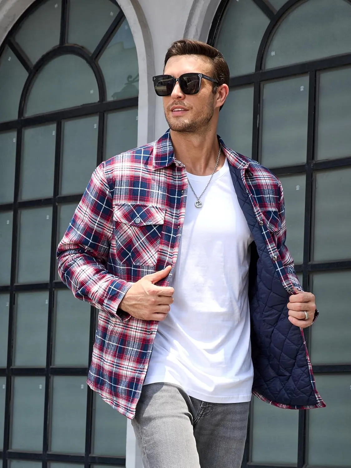 TACVASEN Men's Flannel Shirt Jacket Quilted Lined Long Sleeve Button Down Shirts Jacket