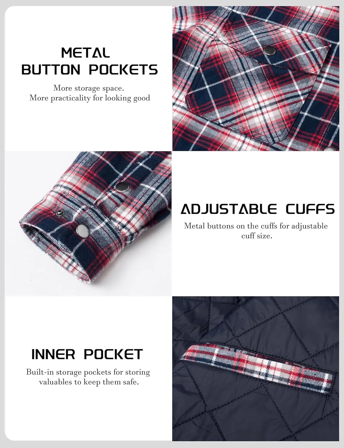TACVASEN Men's Flannel Shirt Jacket Quilted Lined Long Sleeve Button Down Shirts Jacket