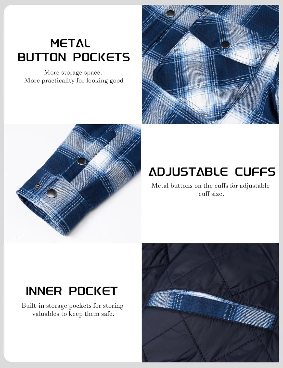TACVASEN Men's Flannel Shirt Jacket Quilted Lined Long Sleeve Button Down Shirts Jacket
