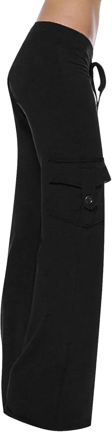TANGNADE Womens Cargo Pants High Waist Wide Leg Pants with Pockets Drawstring Yoga Workout Leggings Gym Trouser Pants