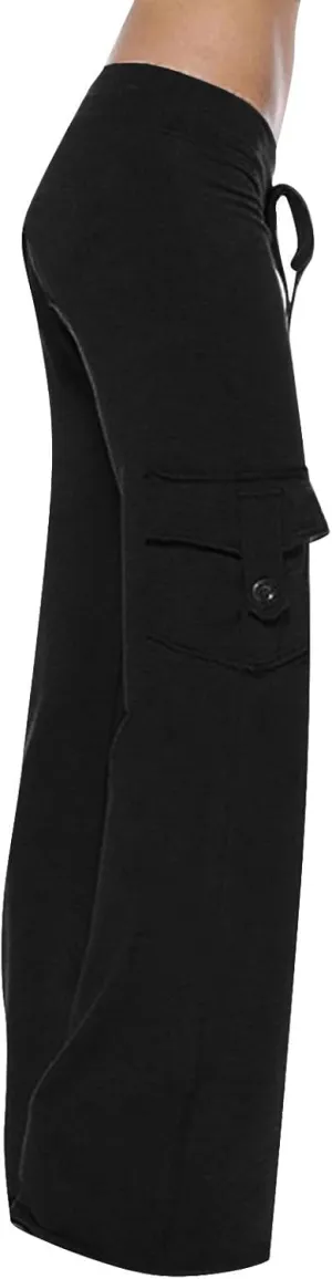 TANGNADE Womens Cargo Pants High Waist Wide Leg Pants with Pockets Drawstring Yoga Workout Leggings Gym Trouser Pants