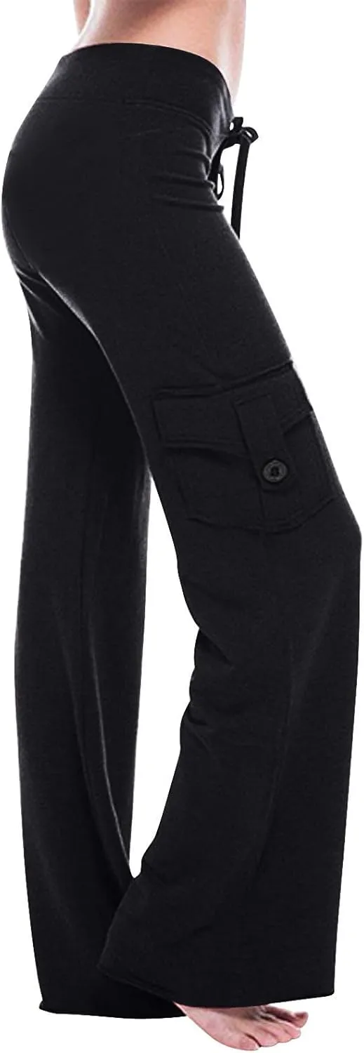 TANGNADE Womens Cargo Pants High Waist Wide Leg Pants with Pockets Drawstring Yoga Workout Leggings Gym Trouser Pants