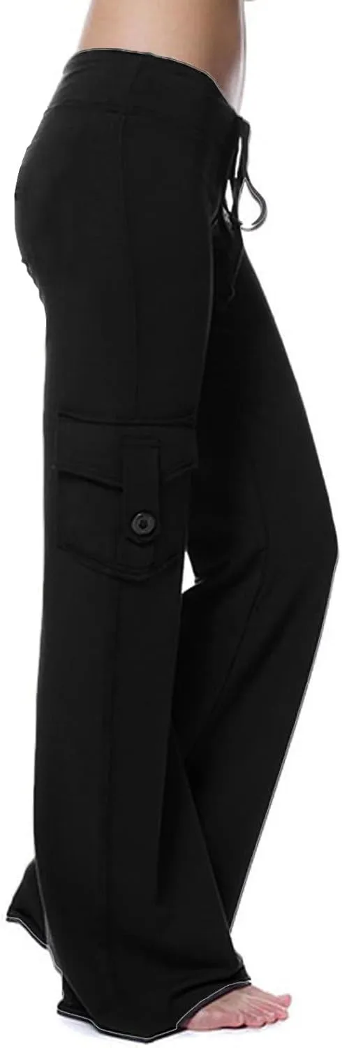 TANGNADE Womens Cargo Pants High Waist Wide Leg Pants with Pockets Drawstring Yoga Workout Leggings Gym Trouser Pants