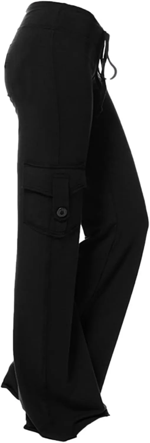 TANGNADE Womens Cargo Pants High Waist Wide Leg Pants with Pockets Drawstring Yoga Workout Leggings Gym Trouser Pants