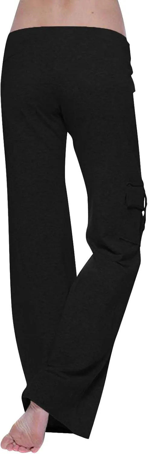 TANGNADE Womens Cargo Pants High Waist Wide Leg Pants with Pockets Drawstring Yoga Workout Leggings Gym Trouser Pants