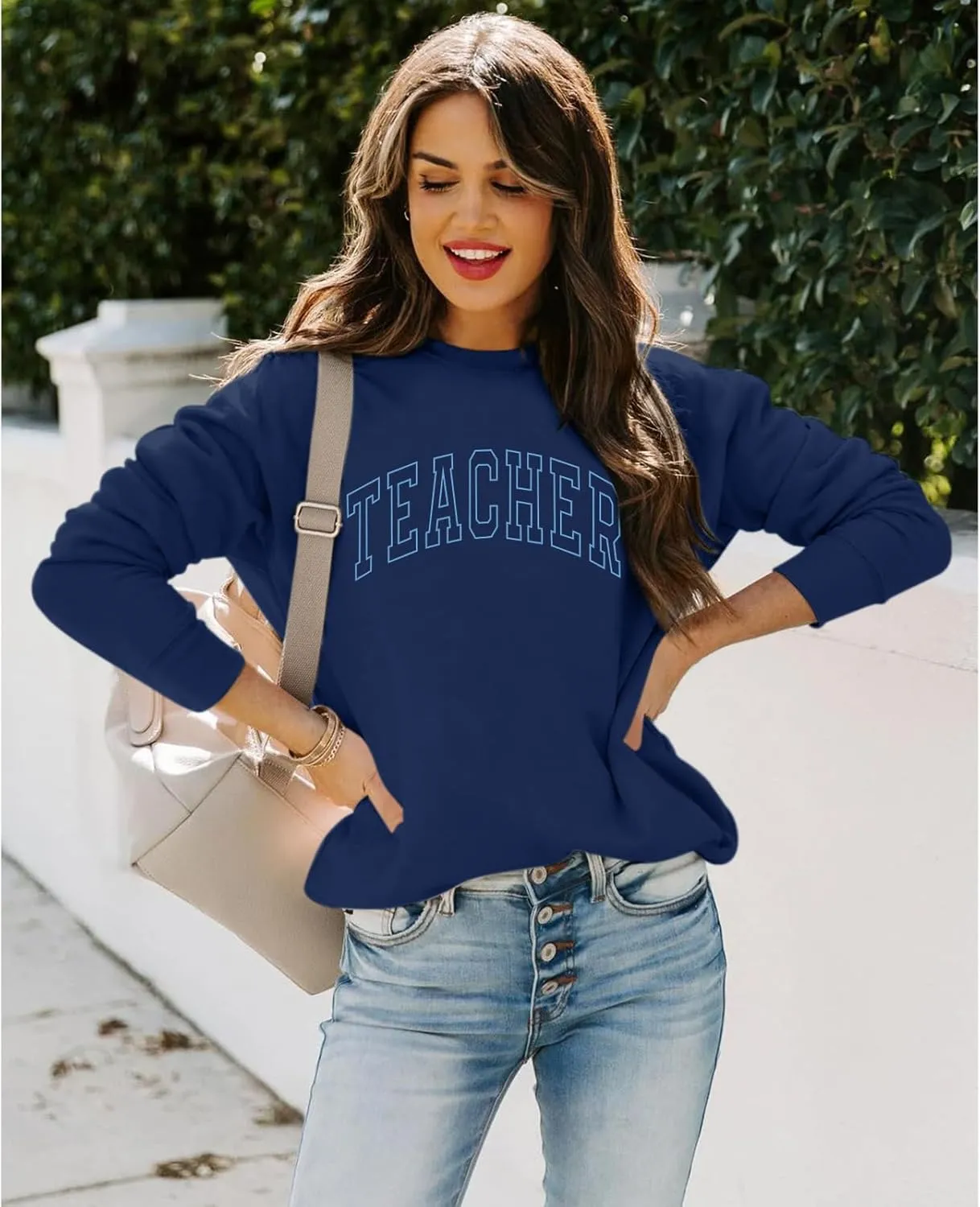 Teacher Sweatshirts for Women Cute Teacher Life Graphic Shirt Inspirational Long Sleeve Crewneck Loose Pullover Tops