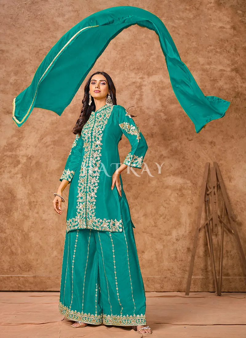Teal Embroidered Silk Palazzo Suit
