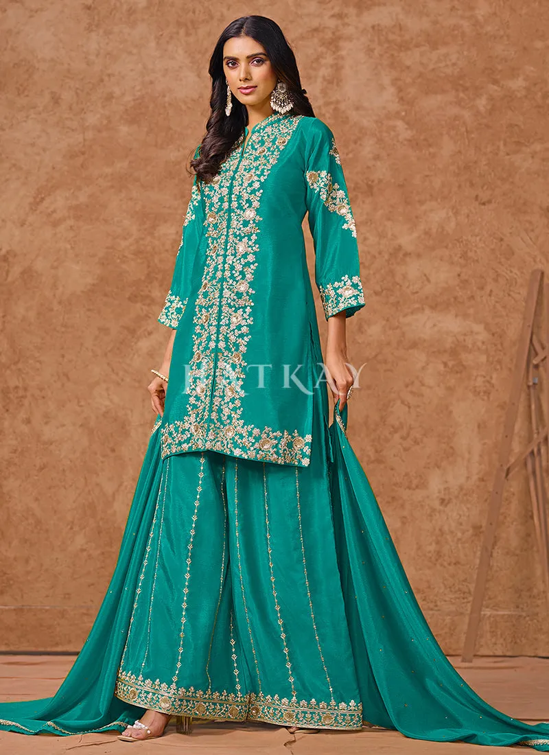 Teal Embroidered Silk Palazzo Suit