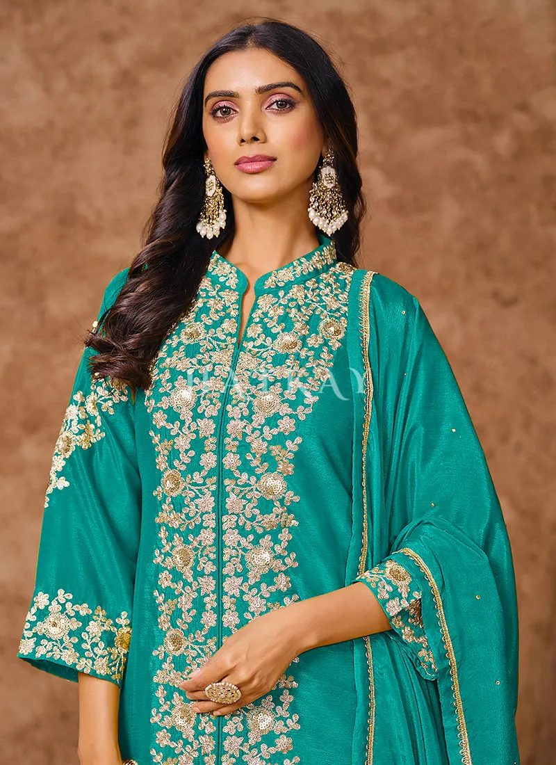 Teal Embroidered Silk Palazzo Suit