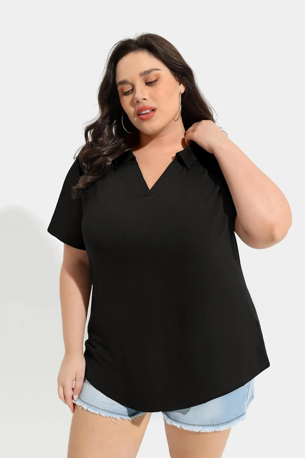 TIYOMI Plus Size Collared Polo Shirts Summer Short Sleeve V Neck Business Tops for Women XL-5XL