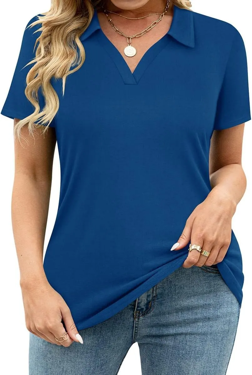 TIYOMI Plus Size Collared Polo Shirts Summer Short Sleeve V Neck Business Tops for Women XL-5XL