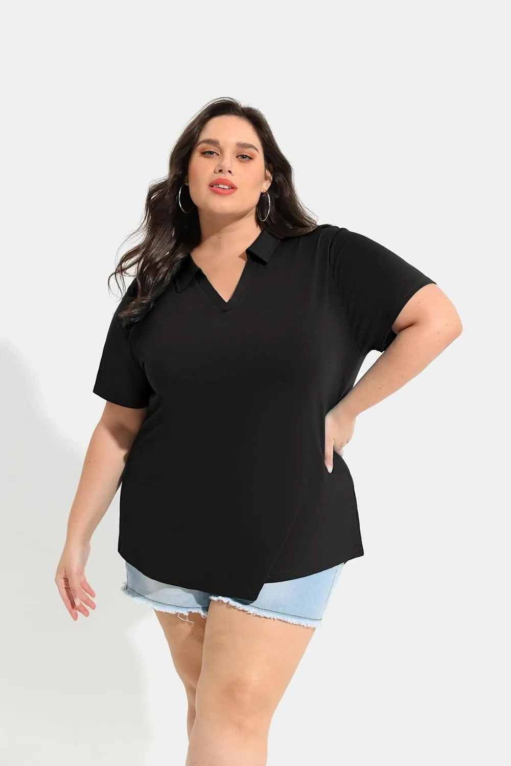 TIYOMI Plus Size Collared Polo Shirts Summer Short Sleeve V Neck Business Tops for Women XL-5XL
