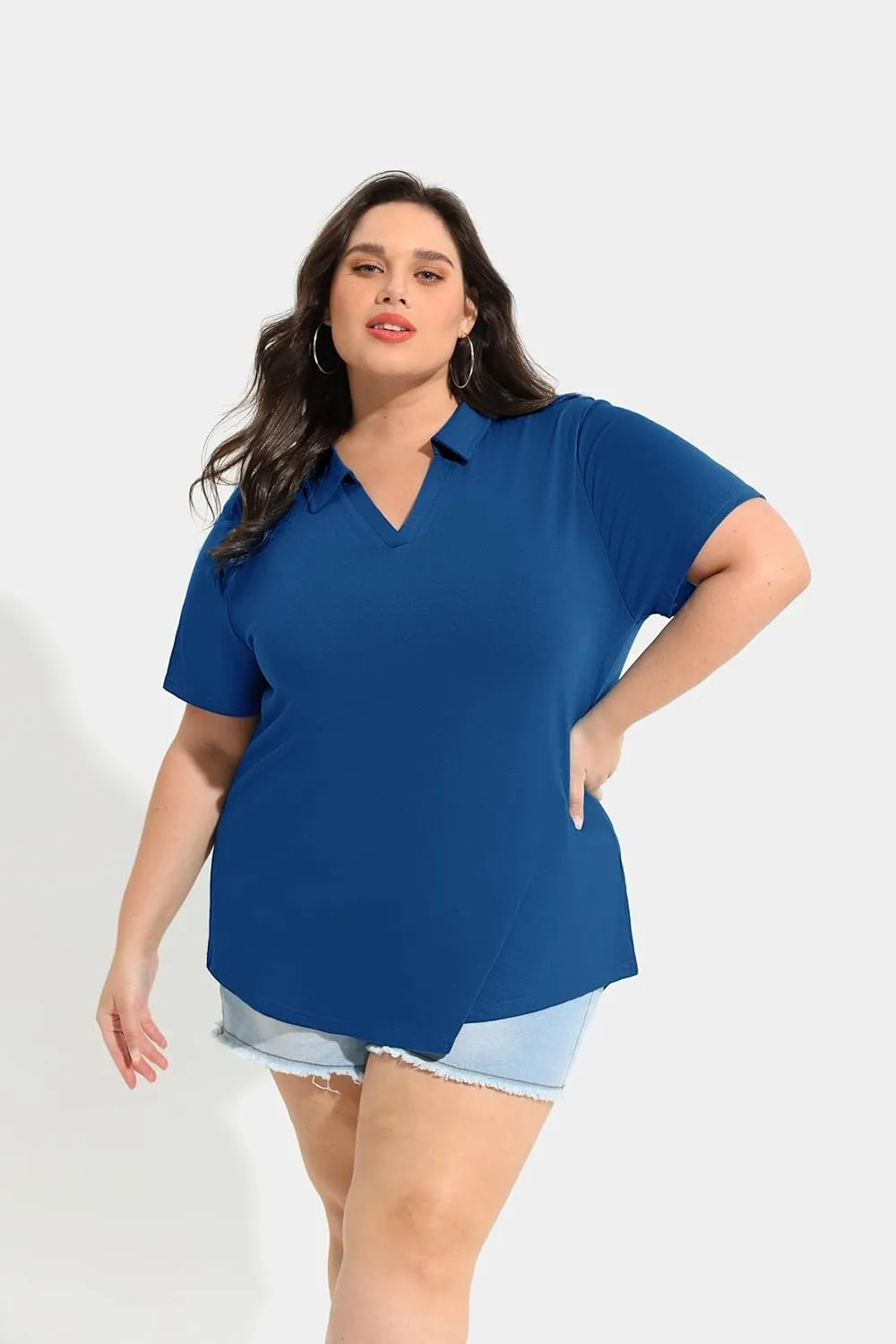 TIYOMI Plus Size Collared Polo Shirts Summer Short Sleeve V Neck Business Tops for Women XL-5XL