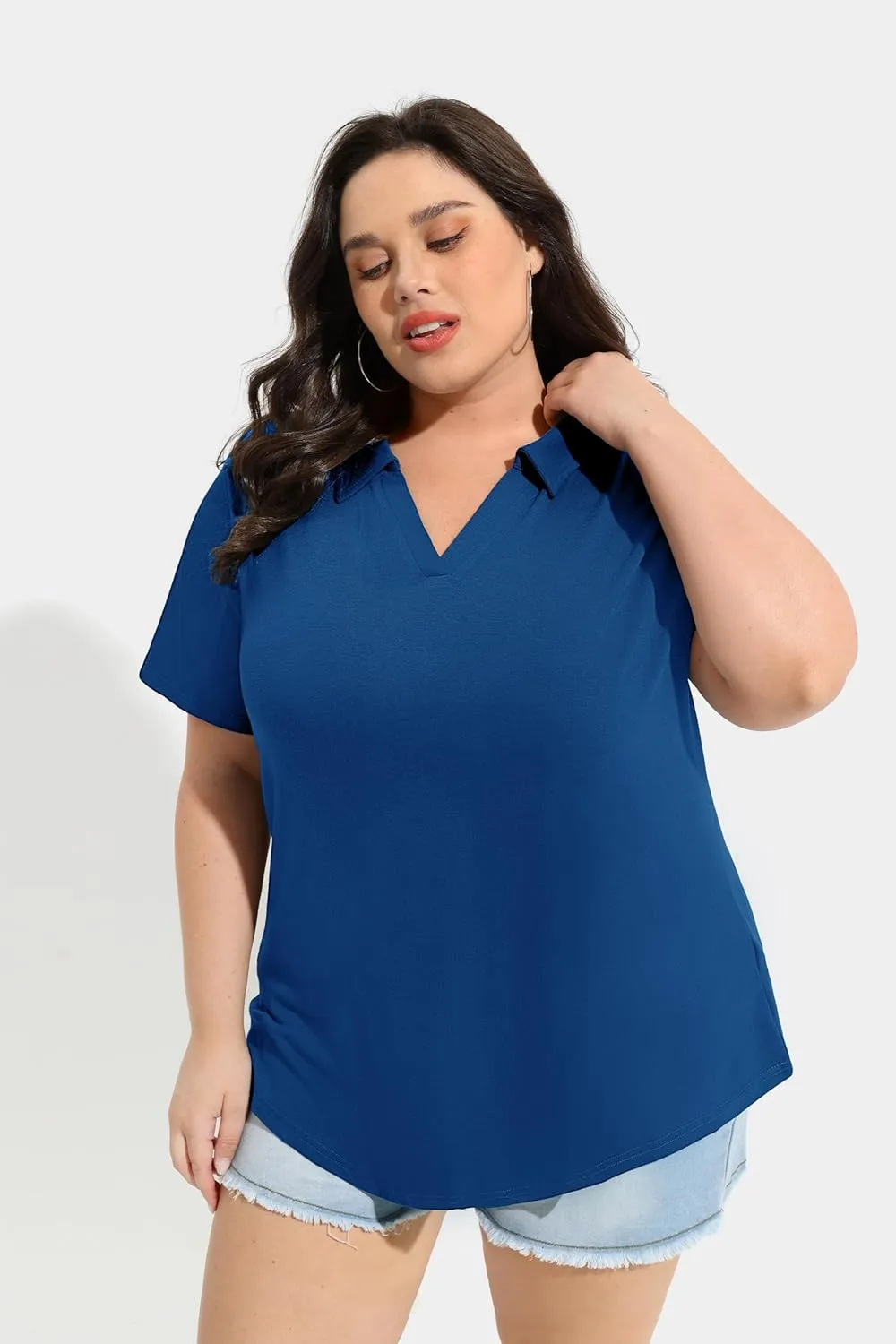 TIYOMI Plus Size Collared Polo Shirts Summer Short Sleeve V Neck Business Tops for Women XL-5XL