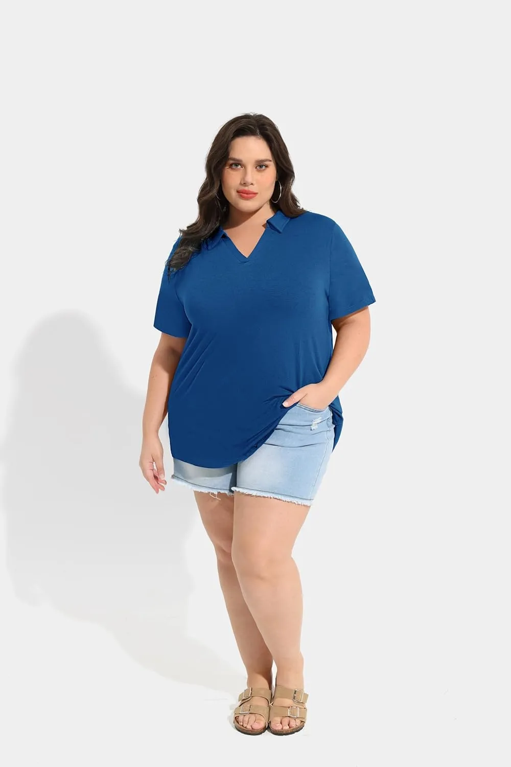 TIYOMI Plus Size Collared Polo Shirts Summer Short Sleeve V Neck Business Tops for Women XL-5XL