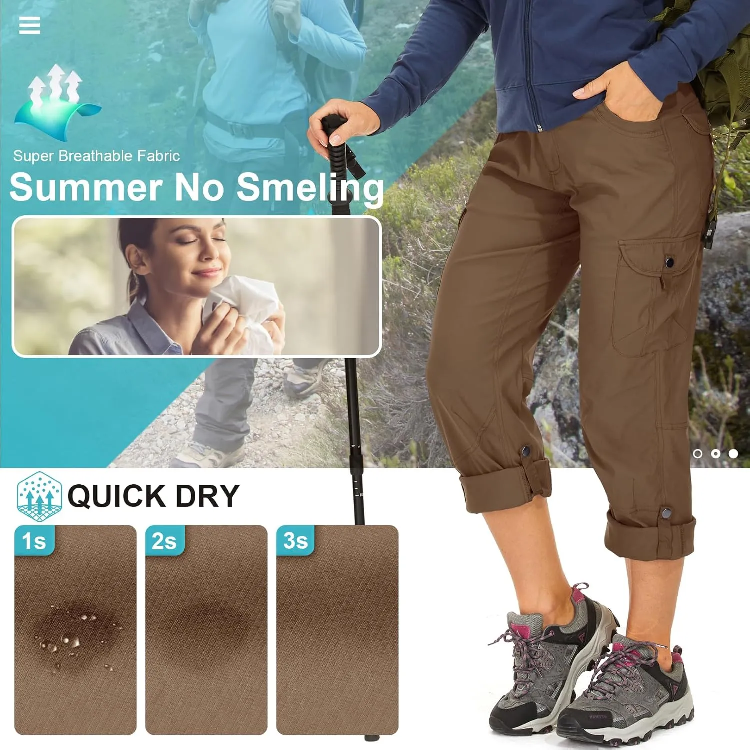 Toomett Women's Hiking Cargo Pants convertible Quick Dry UPF50  Waterproof capri Fishing Safari Travel Pants