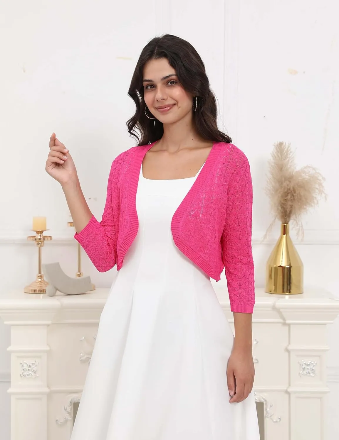 Tralilbee Women's 3/4 Sleeve Cropped Cardigan Knit Bolero Shrug Cardigan Sweater for Women S-XL