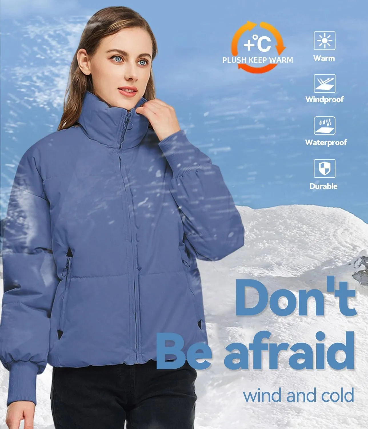 TRATENBY Women's Winter Pockets Baggy Short Down Jacket Cropped Puffer Long Sleeve Zip Coats