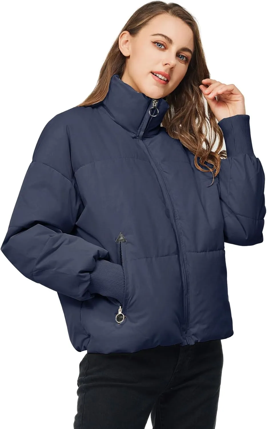 TRATENBY Women's Winter Pockets Baggy Short Down Jacket Cropped Puffer Long Sleeve Zip Coats