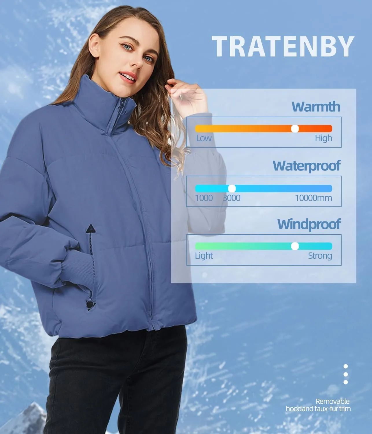 TRATENBY Women's Winter Pockets Baggy Short Down Jacket Cropped Puffer Long Sleeve Zip Coats