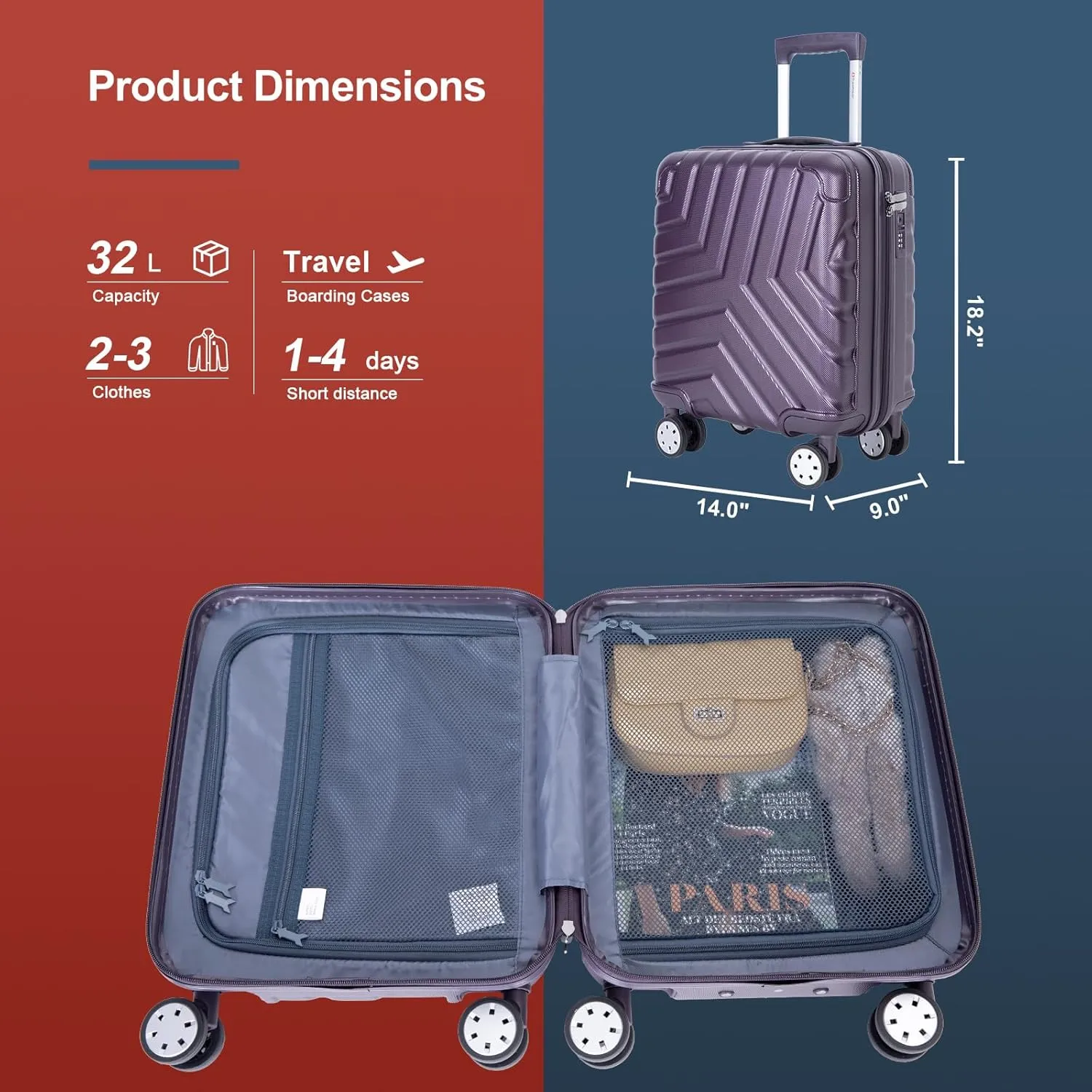 Travelhouse 16 Inch Carry On Luggage Airline Approved,Hardshell Small Carry Suitcases with 360 Spinner Wheels, Rolling Suitcase with TSA Approved