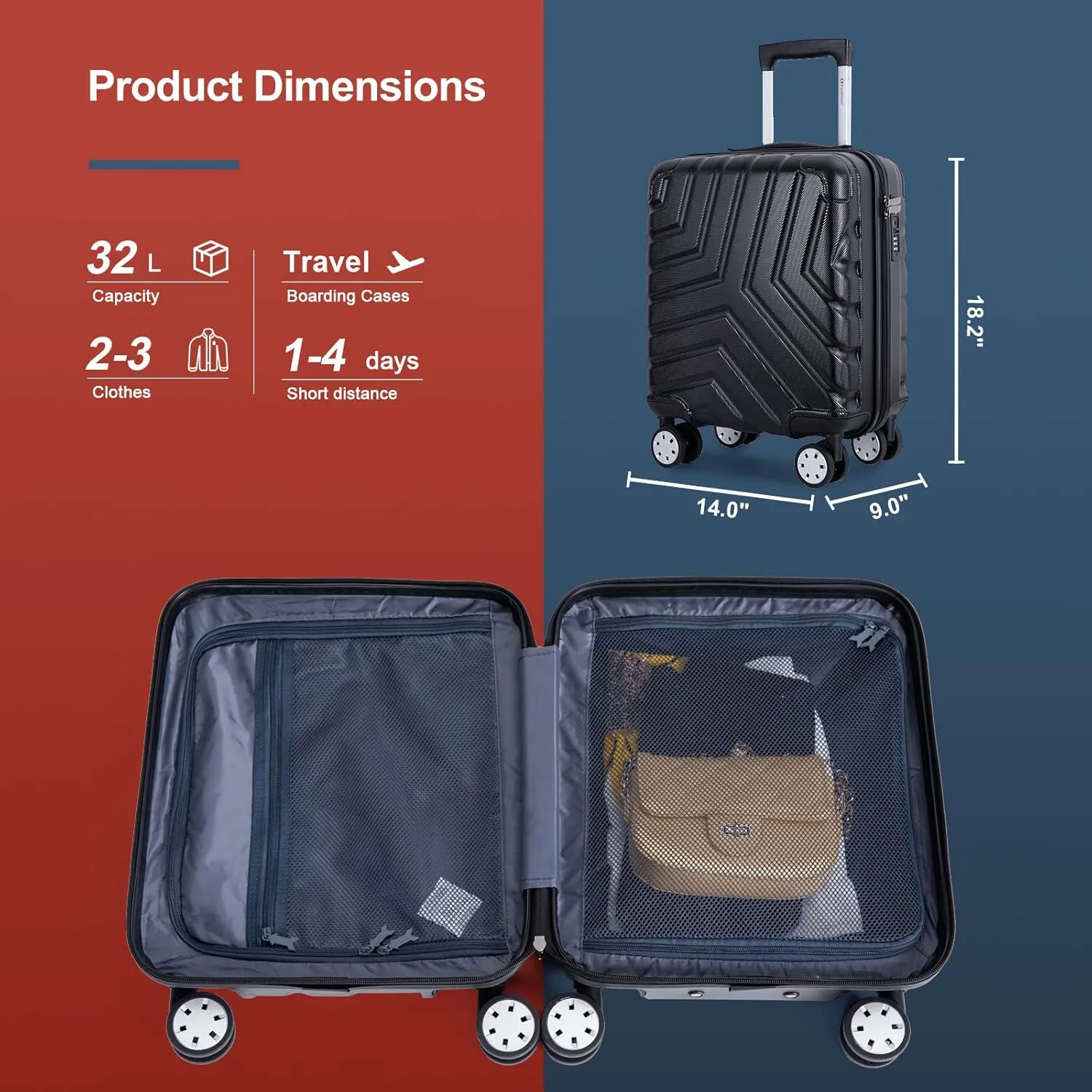 Travelhouse 16 Inch Carry On Luggage Airline Approved,Hardshell Small Carry Suitcases with 360 Spinner Wheels, Rolling Suitcase with TSA Approved