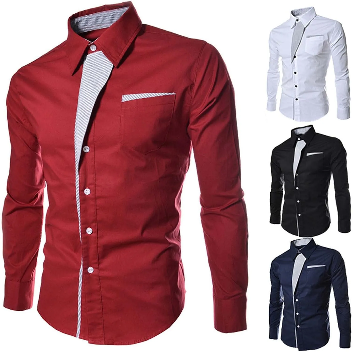 tuduoms Men's Inner Contrast Dress Shirt Formal Classic Button Down Casual Long Sleeve Striped Collar Slim Fit Work T-Shirt