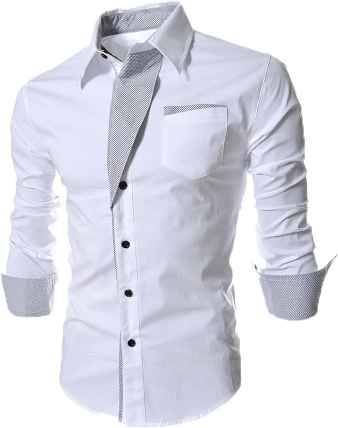 tuduoms Men's Inner Contrast Dress Shirt Formal Classic Button Down Casual Long Sleeve Striped Collar Slim Fit Work T-Shirt