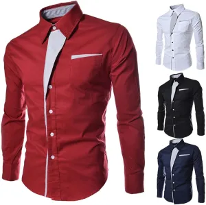 tuduoms Men's Inner Contrast Dress Shirt Formal Classic Button Down Casual Long Sleeve Striped Collar Slim Fit Work T-Shirt