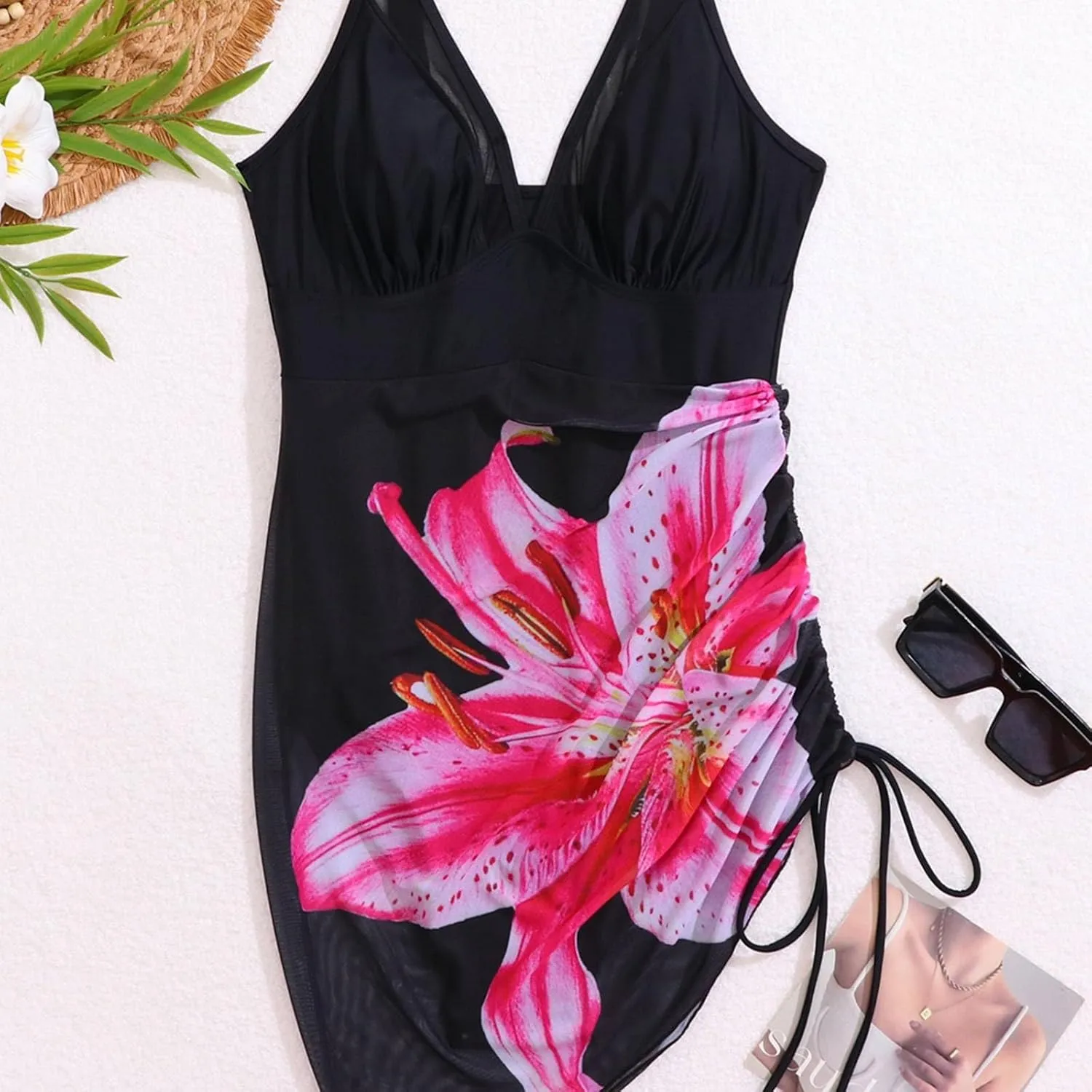 Tummy Control Swimdress One Piece Skirted Bathing Suit for Women V Neck Slimming Adjustable Tie Back Swimsuits