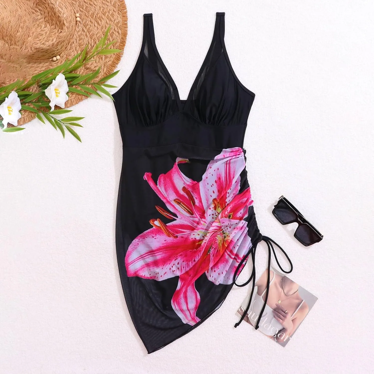 Tummy Control Swimdress One Piece Skirted Bathing Suit for Women V Neck Slimming Adjustable Tie Back Swimsuits