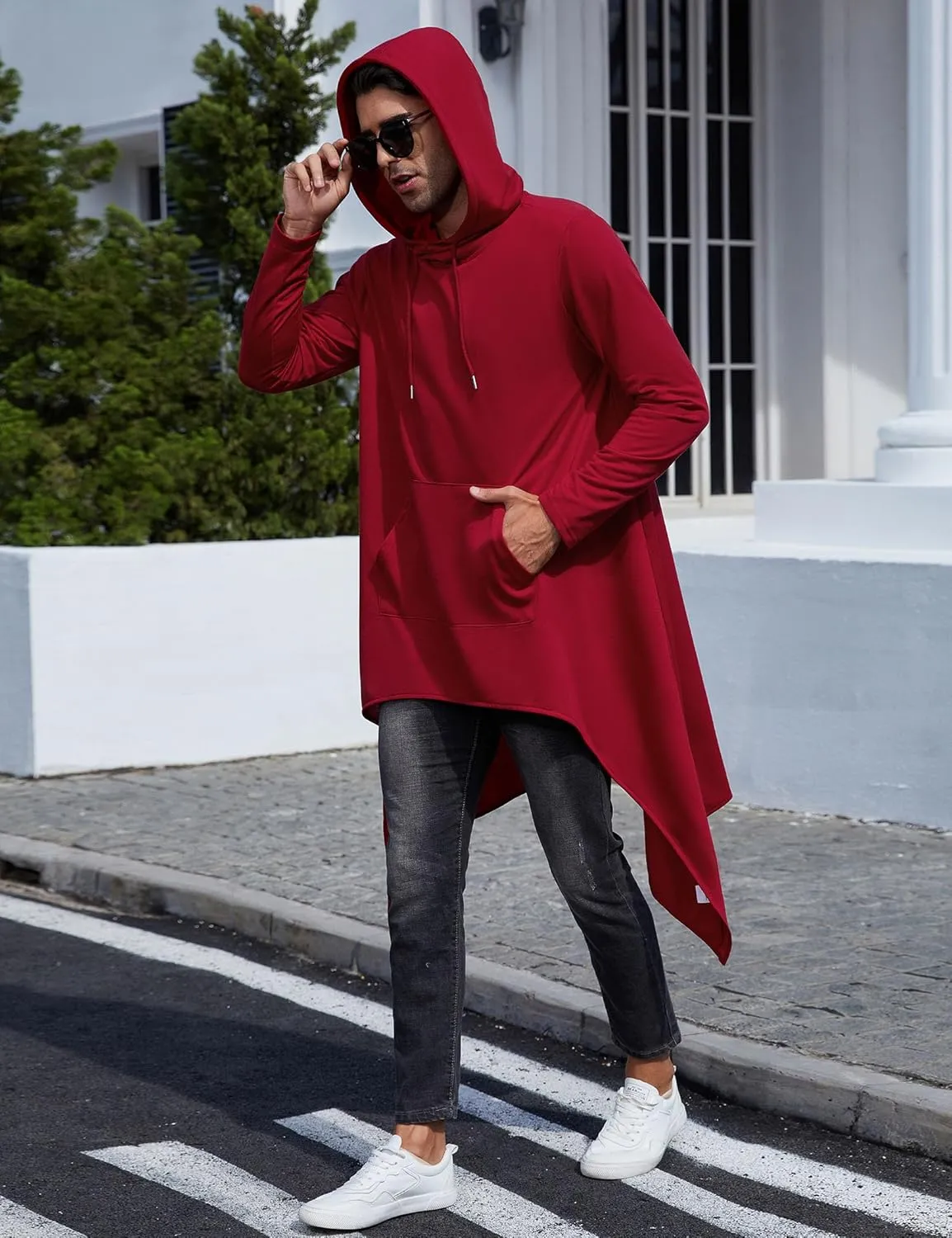 TURETRENDY Men's Hooded Cloak Casual Long Pullover Hoodie Cape Hip Hop Sweatshirt with Pocket